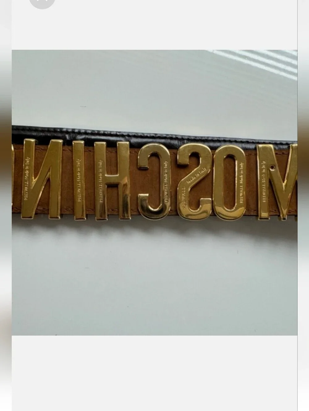 Moschino Black Leather Belt with Large Gold Lettering Buckle